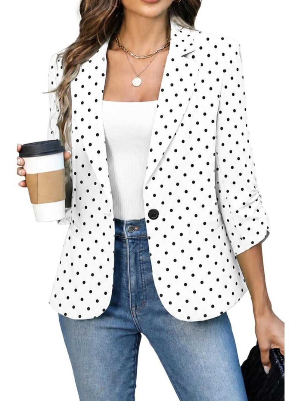 Lightweight Fitted 3/4 Sleeve Ruched Blazer Jacket for Women - Stylish